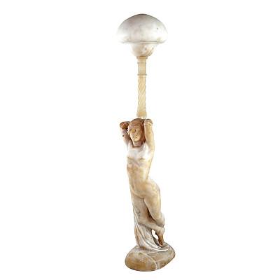 Very Large Italian Alabaster Electric Lamp Carved as a Classical Maiden, Early 20th Century, Plus Associated Pedestal