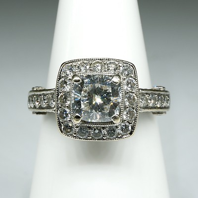 18ct White Gold Diamond Ring, with at Centre Cushion Cut Diamond 1.10ct (F/G SI2), 5.8g