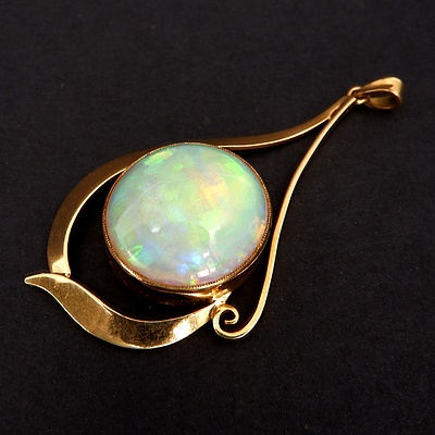 18ct Yellow Gold Pendant With Sold Cabochon of Opal with Green, Blue and Orange Flash, 8.0ct