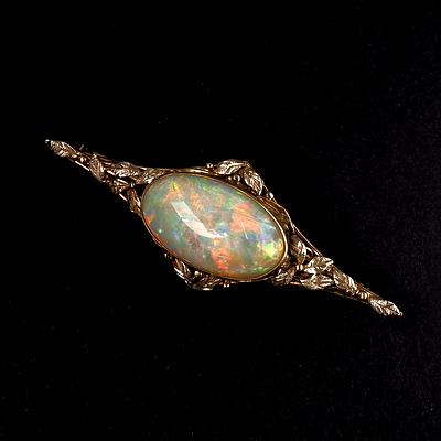 Antique 18ct Yellow and White Gold Brooch With Sold Cabochon of Opal with Green, Blue and Orange Flash, 8.50ct