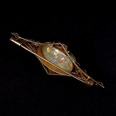 Antique 18ct Yellow and White Gold Brooch With Sold Cabochon of Opal with Green, Blue and Orange Flash, 8.50ct