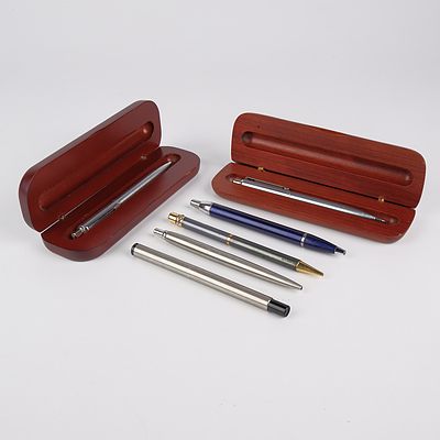 Two Timber Boxed Schaeffer Pens, Cartier Ballpoint Pen, Parker Fountain Pen and Two Ballpoint Pens