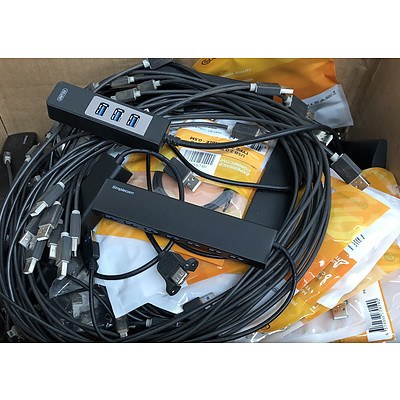 Box of Assorted USB Cables and USB Hubs
