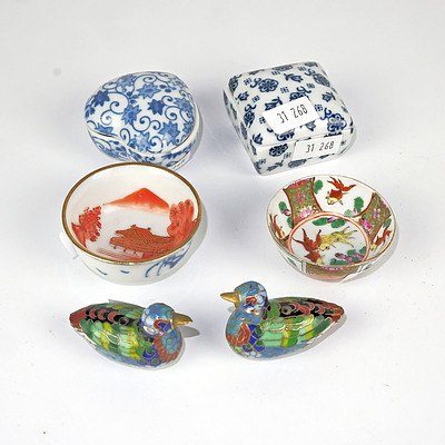 Two Chinese Miniature Cloisonne Enamel Birds, Trinket Boxes and Wine Cups