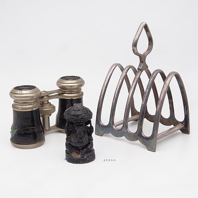 Mappin and Webb Silver Plated Toastrack, Antique Opera Glasses, and a Ganesh Carving (3)