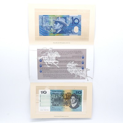 Australian Ten Dollar Note Set - Last Paper Note and First Polymer Note