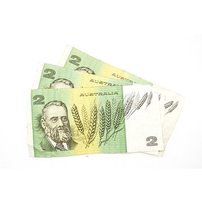 Three Australian Paper Two Dollar Notes - Johnston/ Fraser