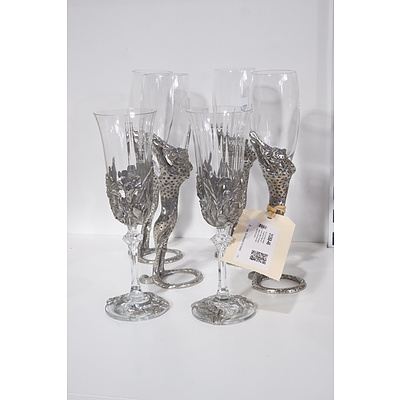 Set of Four  Royal Selangor Frankli Wild Pewter and Crystal Cheetah Champagne Glasses and two Royal Selangor Orchid Glasses