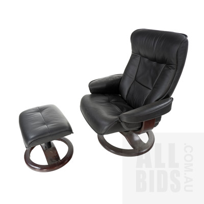 Moran Black Leather Upholstered Recliner Armchair and Footstool - Made in Norway