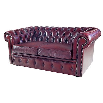 Moran Chesterfield Deep Buttoned Burgundy Leather Two Seater Chesterfield Sofa with Brass Studs