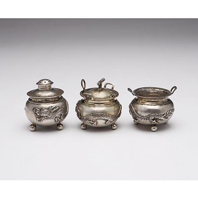 Chinese Export Silver Three Piece Condiment Set with Four Claw Dragons