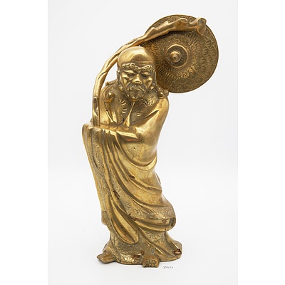 Chinese Cast and Engraved Polished Bronze/Brass Figure of a Sage, Circa 1900
