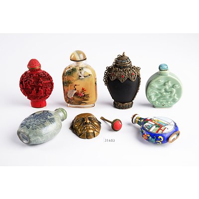 Six Eastern Scent Bottles and a Small Brass Opium Canister
