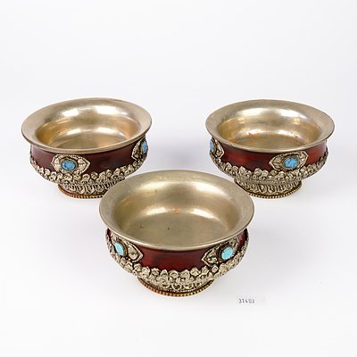 Three Tibetan Silver Mounted Wood and Turquoise Yak Butter and Tsampa Tea Bowls