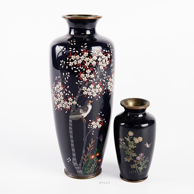 Two Fine Japanese Silver Wire Cloisonne Vases on a Deep Blue Ground, Meiji Period (1868-1912)
