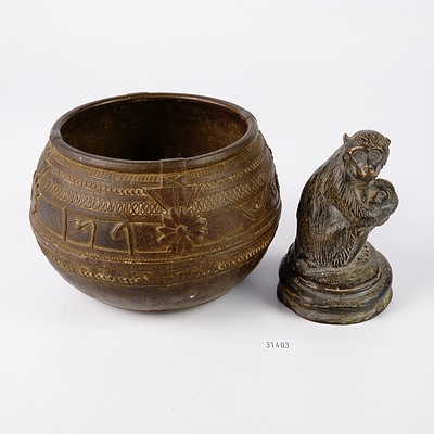 Eastern Brass Planter and Cast Bronze Monkey Weight