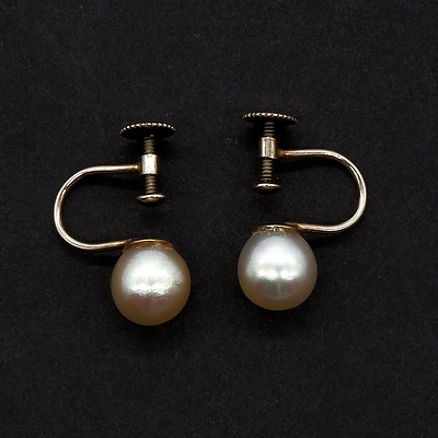 9ct White Gold Screw on Earrings with Round White Cultured Pearls, Very good Lustre