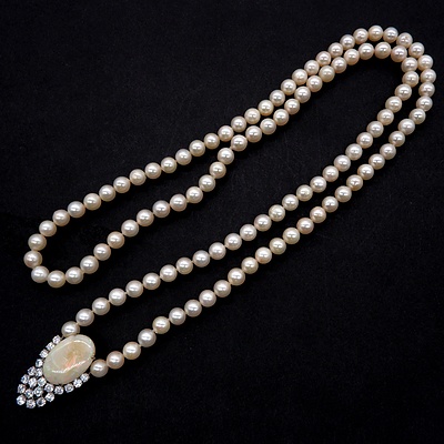 Strand of White Cultured Round Pearls with White Opal and CZ