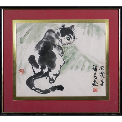 A Framed Chinese Ink Drawing of a Cat