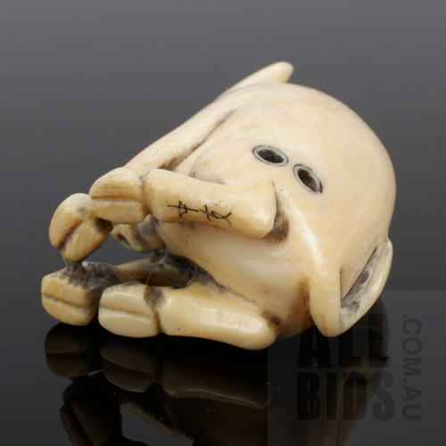 Japanese Ivory Netsuke Carved as a Boar, Signed, Meiji Period 1868-1912