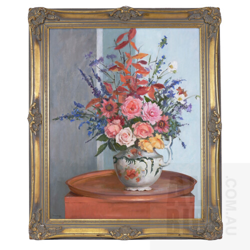 Frances Duffy, Flowers in an Antique Jug, Oil on Canvas, 76cm H x 60 W