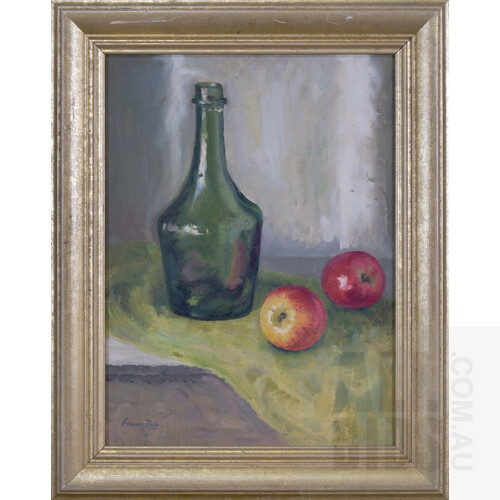 Frances Duffy, Untitled (Still Life with Bottle and Apples), Oil on Board, 40cm H x 30 W