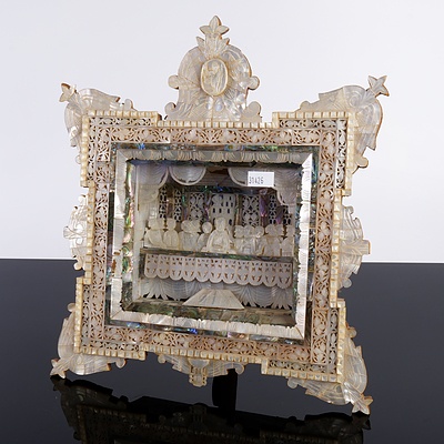 Olivewood and Pearl Shell Adorned Box Framed Diorama of the Last Supper, Jerusalem Early 20th Century