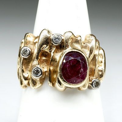 9ct Yellow Gold Abstract Dress Ring with Natural Ruby and Diamonds, 11.25g