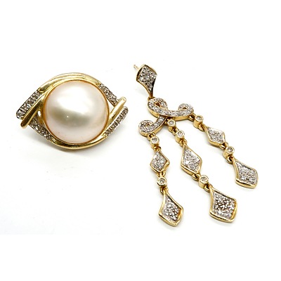 Single 14ct Yellow Gold Mabe Pearl Earring with Single Cut Diamond and Another Single 14ct Yellow Gold Drop Earring with Single Cut Diamonds