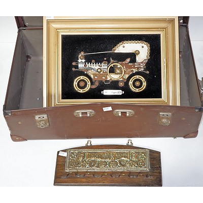 Fordite Suitcase, Antique Oak and Brass Pipe Holder and Rolls Royce Novelty Wall Plaque