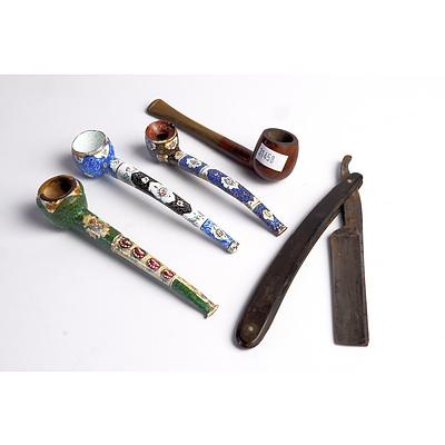 Three Vintage Persian Enamelled Copper Tobacco Pipes, a Wooden Pipe and a Razor
