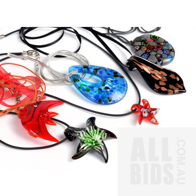 Six Art Glass Pendants, Including Starfish, Angel Fish and Millefiori Examples