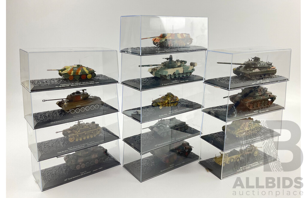 Assortment of Die Cast Model Tanks in Display Cases From Europe and Japan Years Spanning 1943-1993