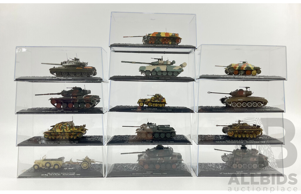 Assortment of Die Cast Model Tanks in Display Cases From Europe and Japan Years Spanning 1943-1993