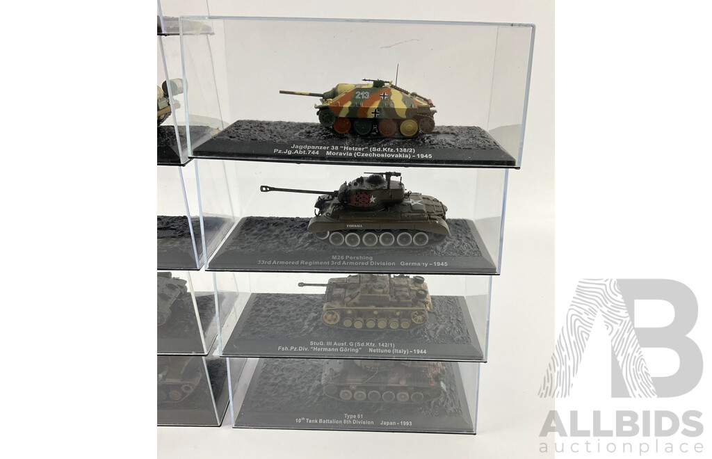 Assortment of Die Cast Model Tanks in Display Cases From Europe and Japan Years Spanning 1943-1993