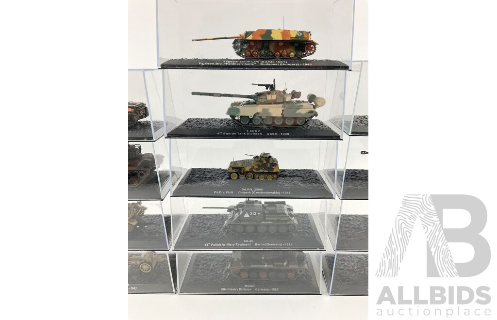 Assortment of Die Cast Model Tanks in Display Cases From Europe and Japan Years Spanning 1943-1993