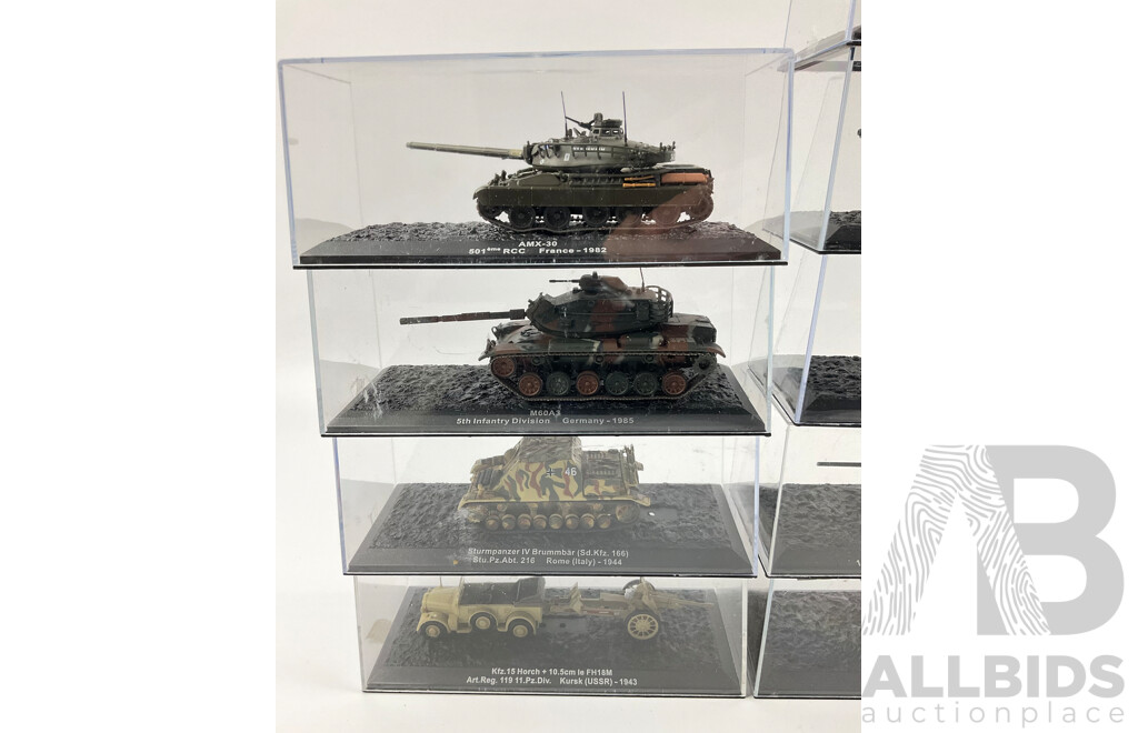 Assortment of Die Cast Model Tanks in Display Cases From Europe and Japan Years Spanning 1943-1993