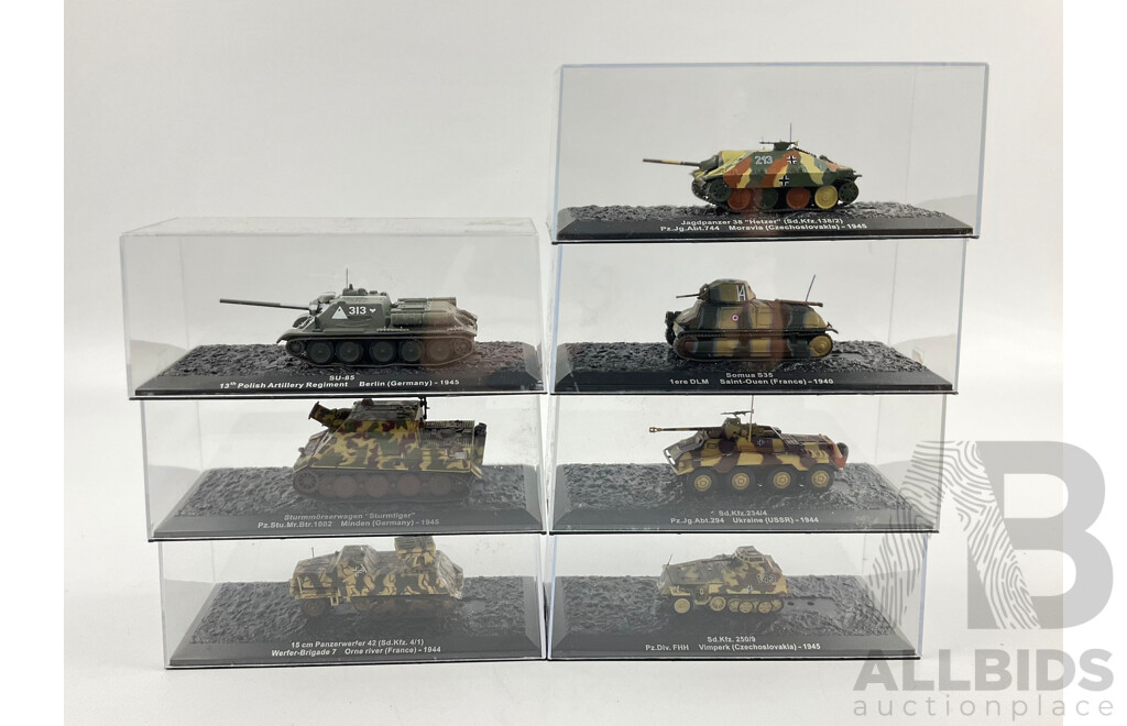 Assortment of Die Cast Model Tanks in Display Cases From Europe Years Spanning 1940-1945