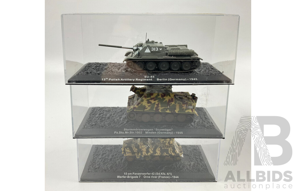 Assortment of Die Cast Model Tanks in Display Cases From Europe Years Spanning 1940-1945