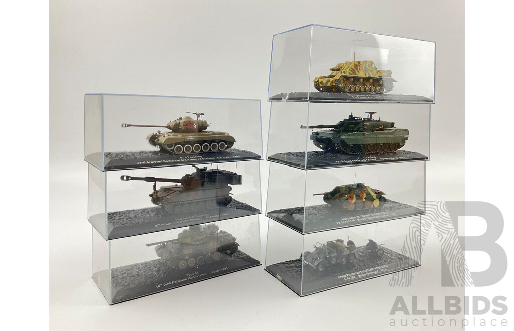 Assortment of Die Cast Model Tanks in Display Cases From Europe and Japan Years Spanning 1938-2002