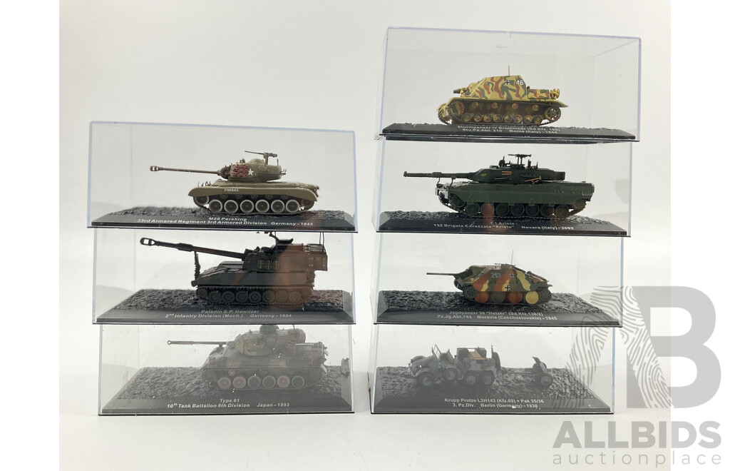 Assortment of Die Cast Model Tanks in Display Cases From Europe and Japan Years Spanning 1938-2002