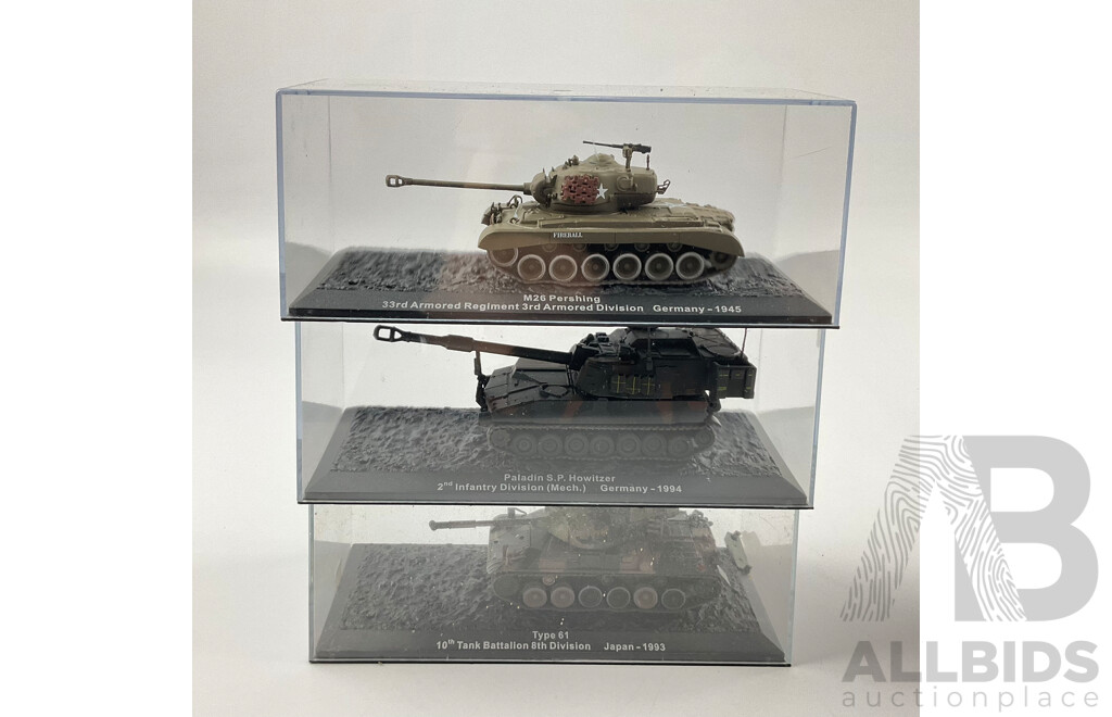 Assortment of Die Cast Model Tanks in Display Cases From Europe and Japan Years Spanning 1938-2002