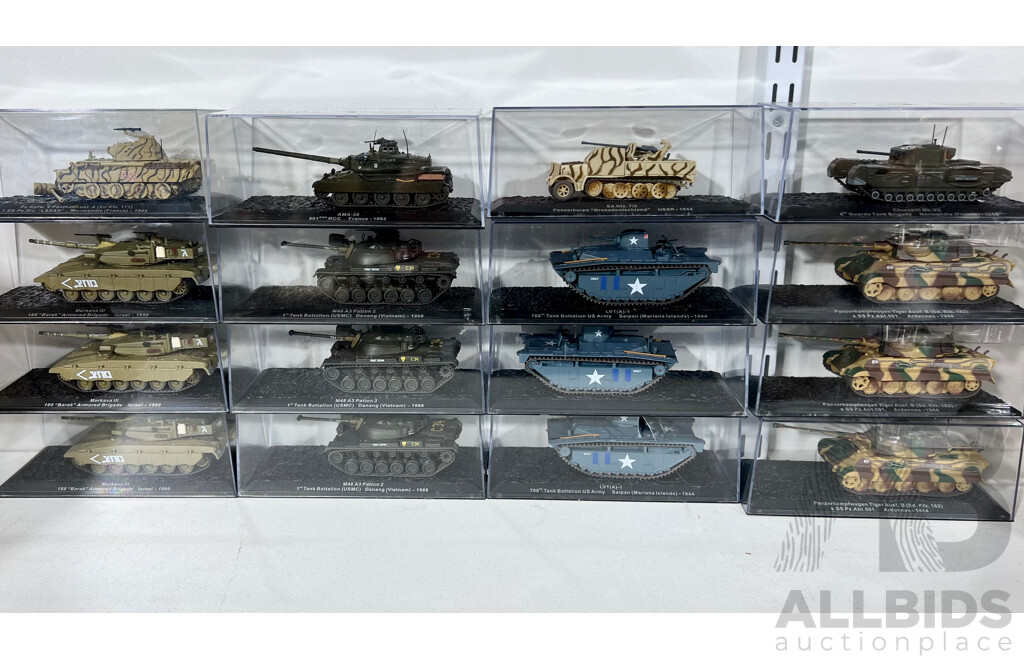 Collection of 16 DeAgostini Tanks Includes Multiple Tiger Ausf.B, LVT(a)-, M48 A3 Patton 2, Merkava II and Others