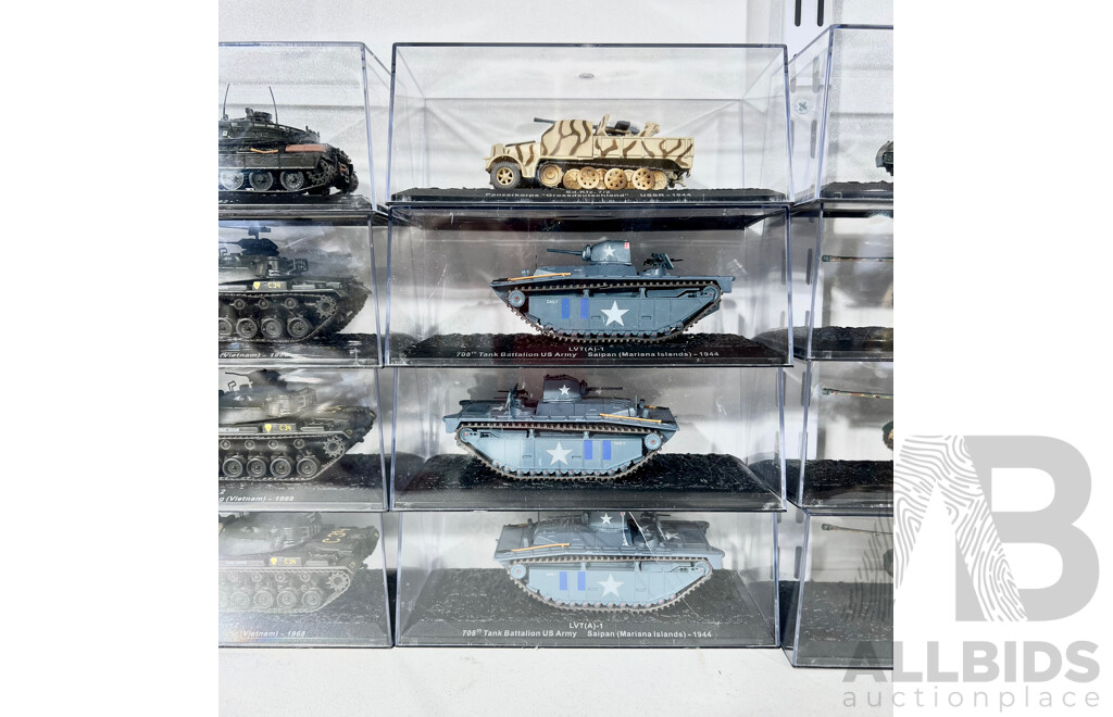 Collection of 16 DeAgostini Tanks Includes Multiple Tiger Ausf.B, LVT(a)-, M48 A3 Patton 2, Merkava II and Others