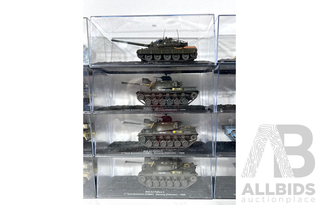 Collection of 16 DeAgostini Tanks Includes Multiple Tiger Ausf.B, LVT(a)-, M48 A3 Patton 2, Merkava II and Others