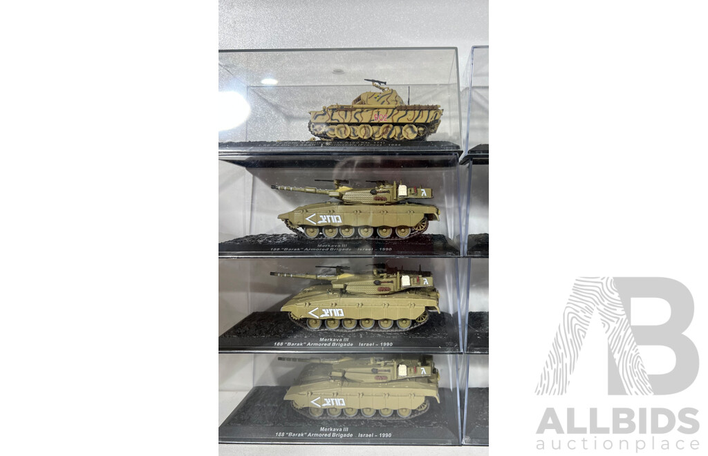 Collection of 16 DeAgostini Tanks Includes Multiple Tiger Ausf.B, LVT(a)-, M48 A3 Patton 2, Merkava II and Others