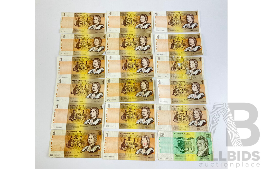 Australian One and Two Dollar Notes Includes Johston/Fraser, Johston/Stone and Knight/Stone (18)