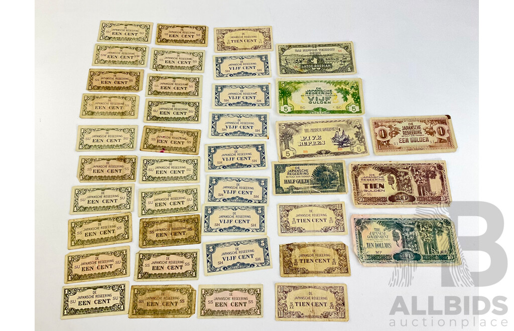 Japanese Invasion Paper Notes Including Guldens, Rupees and Dollars (39)