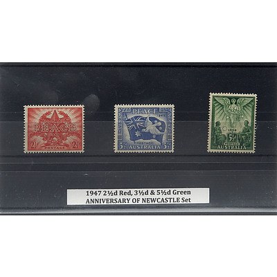 1947 2 1/2d Red, 3 1/2d & 5 1/2d Green ANNIVERSARY OF NEWCASTLE Stamp Set