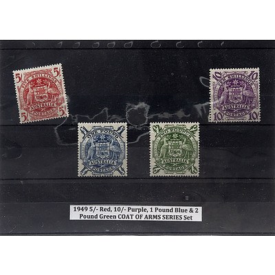 1949 5/- Red, 10/- Purple, 1 Pound Blue & 2 Pound Green COAT OF ARMS SERIES Stamp Set